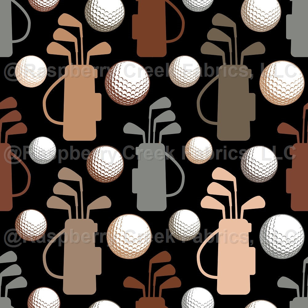 Golf Club Bags and Balls on Black Fabric, Raspberry Creek Fabrics, watermarked