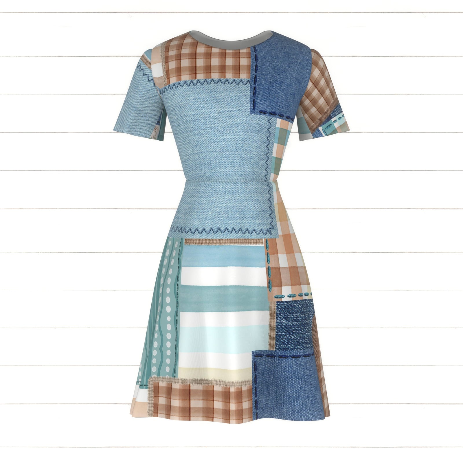Boys, kids, patchwork, easter, spring, denim, chambray, plaid, stripes, playful, stitched, blue, tan, green