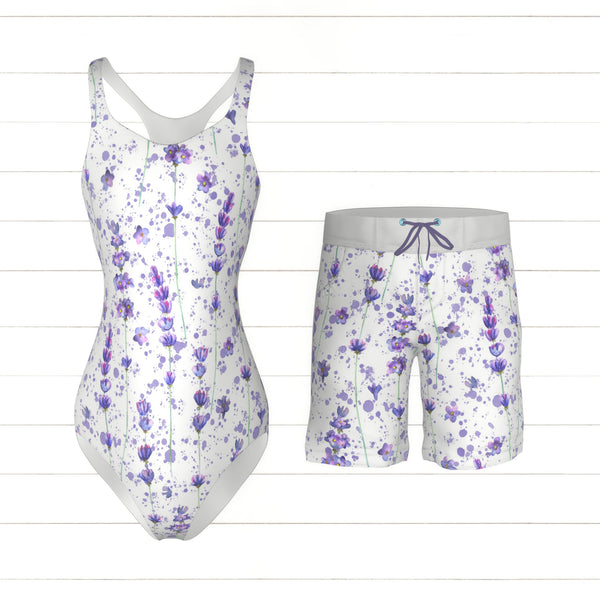 Lavender flowers and purple splashes watercolor seamless pattern on wh ...
