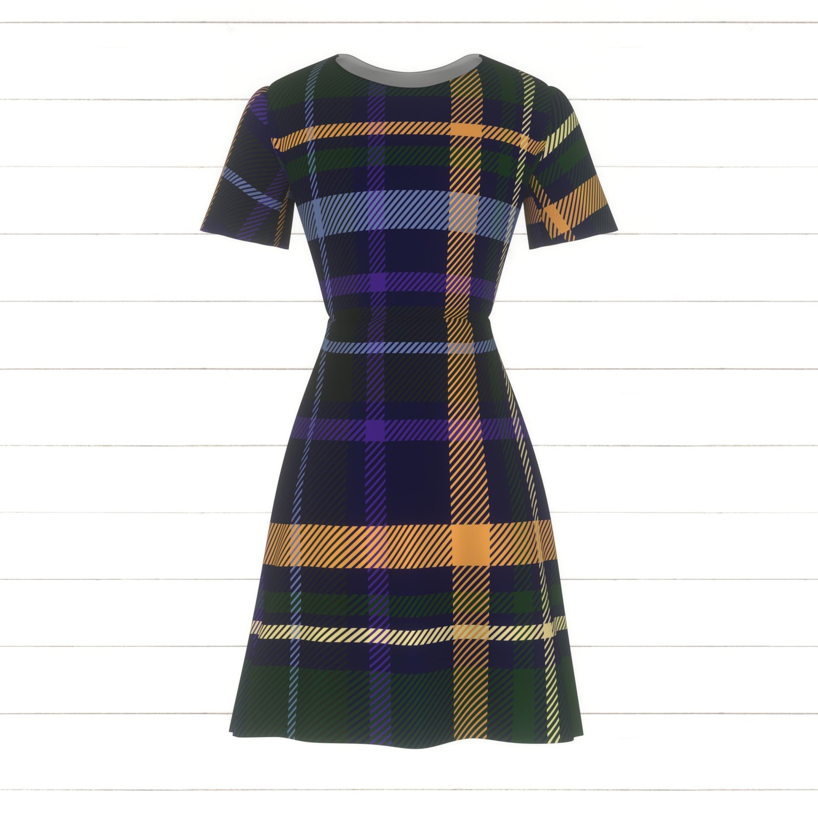 Large dark welsh style tartan. The colors depict the overall vibe of Wales: woods, meadows, sky, waters, bluebells, daffodils and the red dragon. Thick orange and thinner orange and yellow stripes, base colors in blue and green.