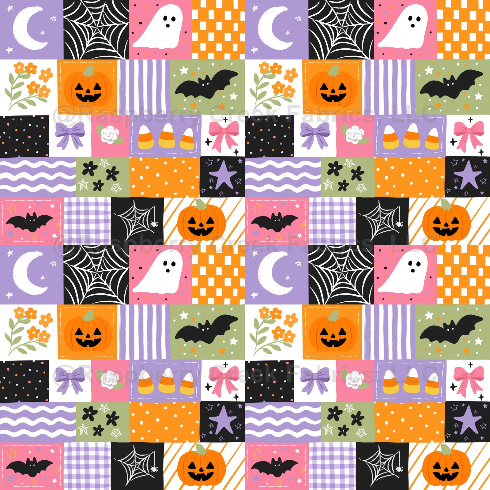 Preppy Halloween Patchwork with Ghosts, Bats, and Pumpkins