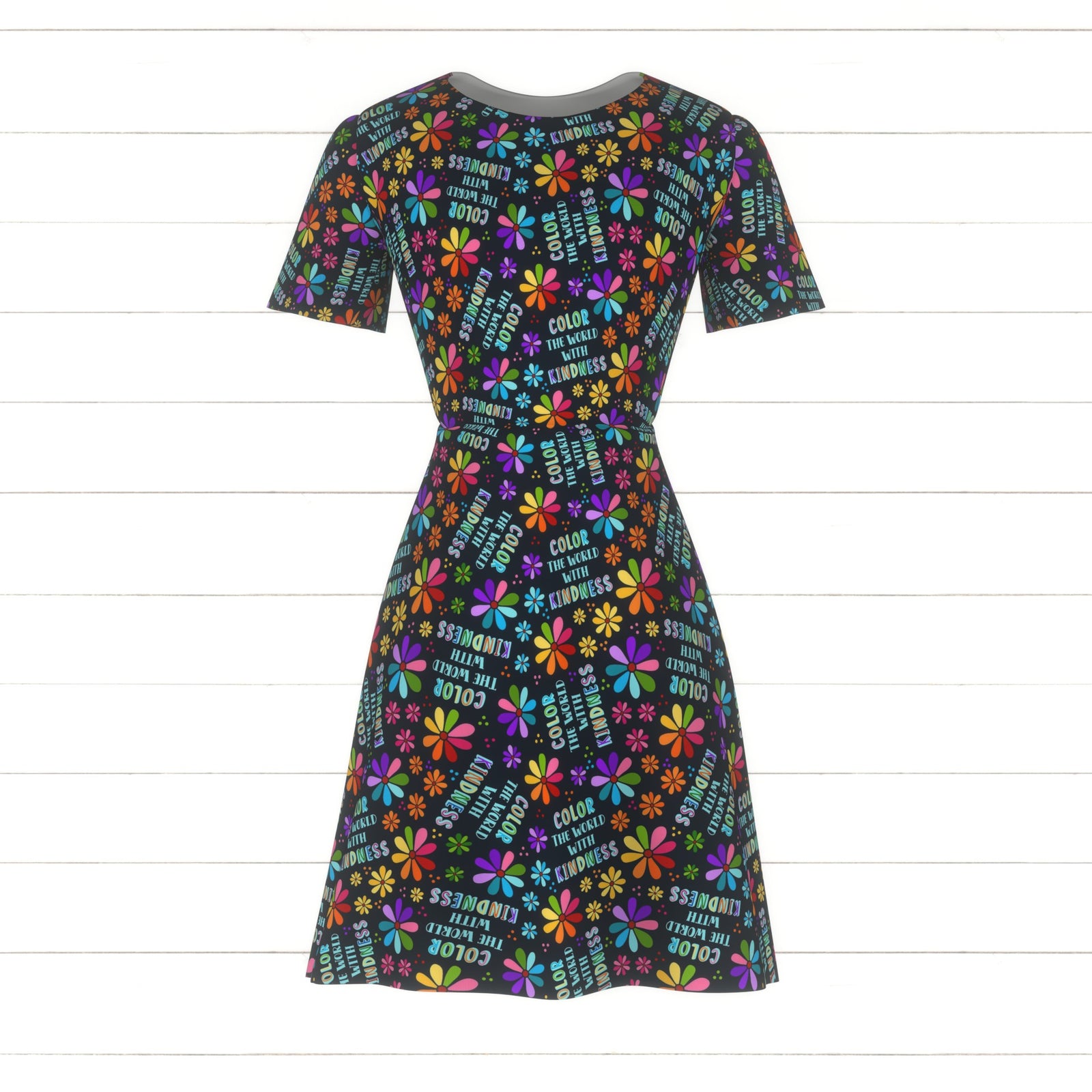 Color The World With Kindness Rainbow Daisy Flowers on Dark Navy