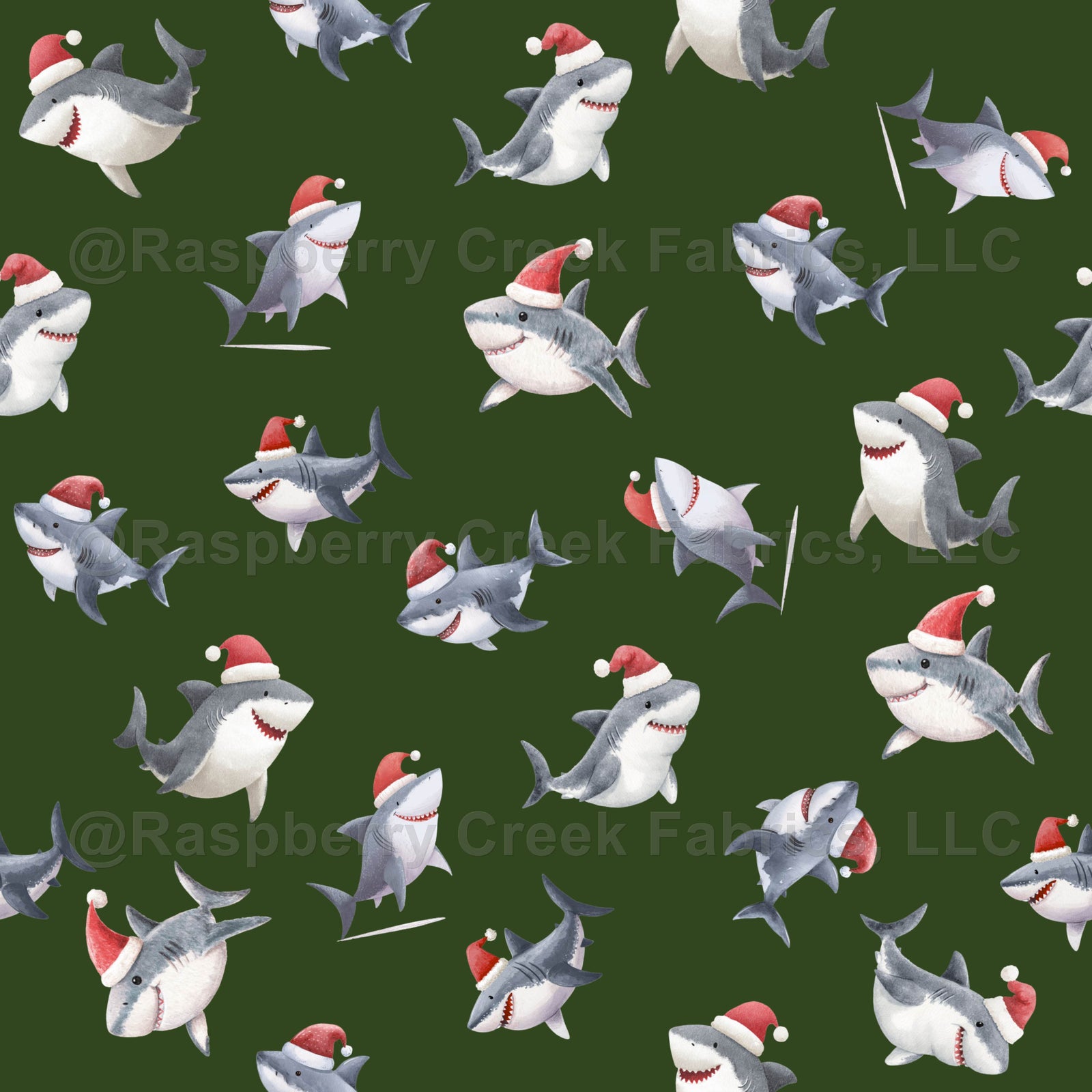 Tossed Christmas Sharks on Dark Green