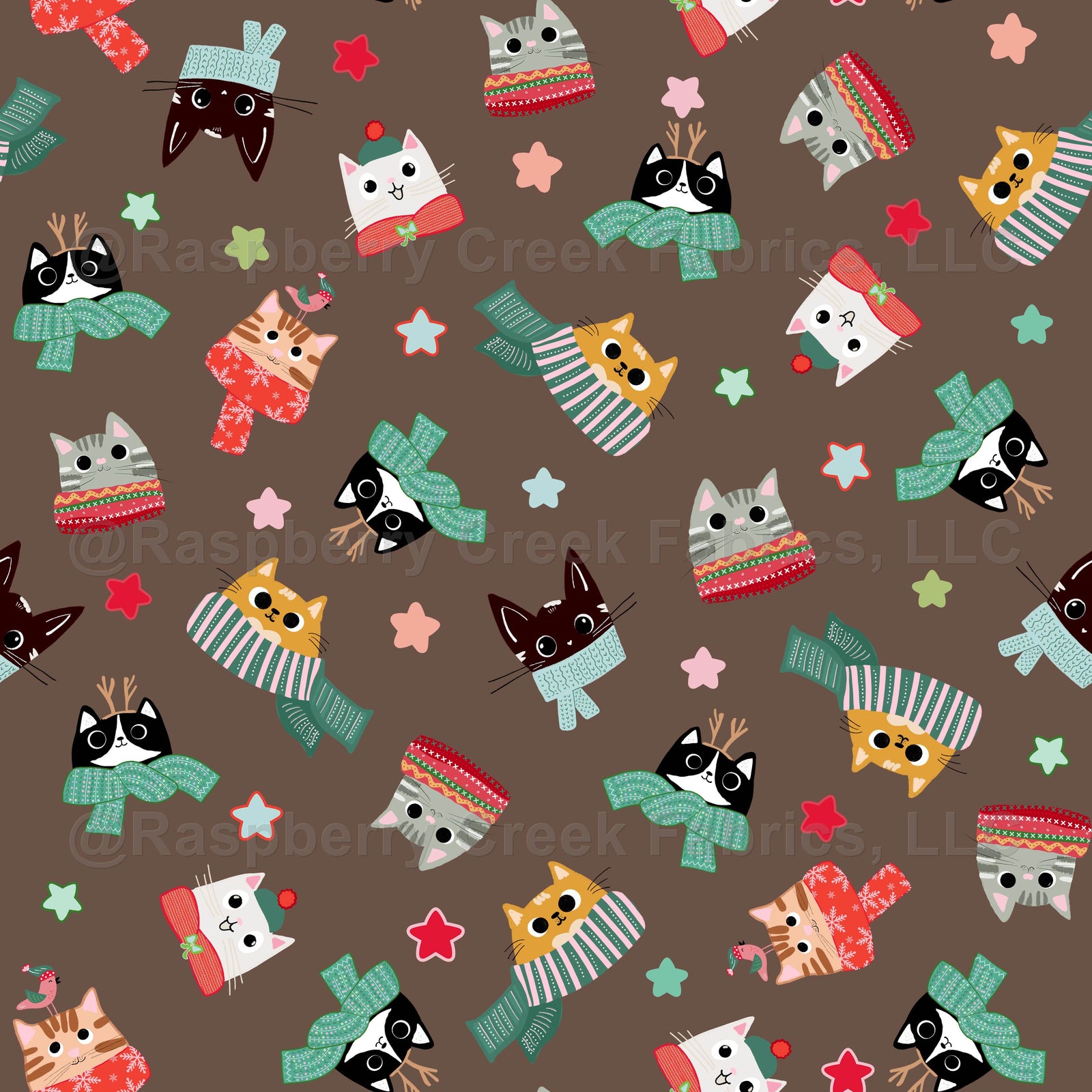 Cozy Cats in Scarves and Hats Winter Kitties on Brown