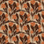 Five textured orange flowers in a scalloped shape pattern with neutral color background and textured brown leaves. Image