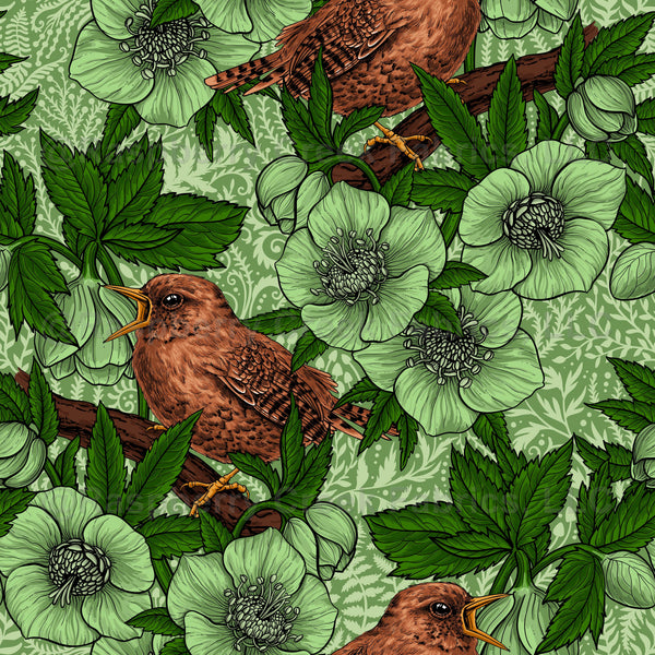 Wren and hellebore, light green - Raspberry Creek Fabrics