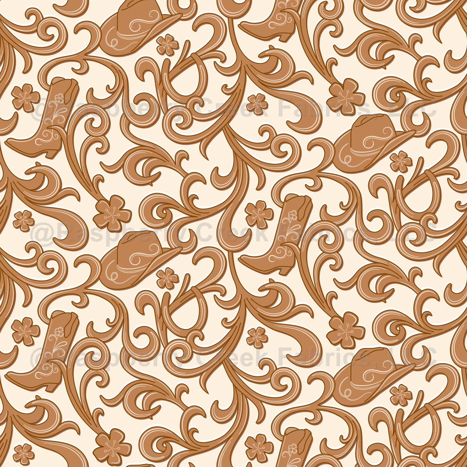 Tooled Leather Scroll with Boots and Hats - Brown on tan