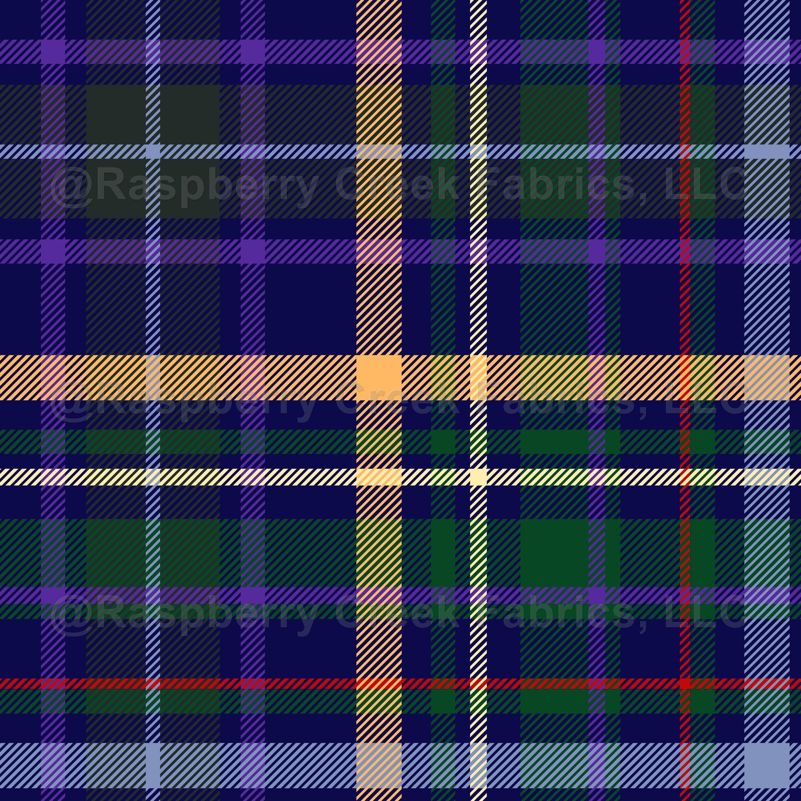 Large dark welsh style tartan. The colors depict the overall vibe of Wales: woods, meadows, sky, waters, bluebells, daffodils and the red dragon. Thick orange and thinner yellow and red line, base colors in blue and green.