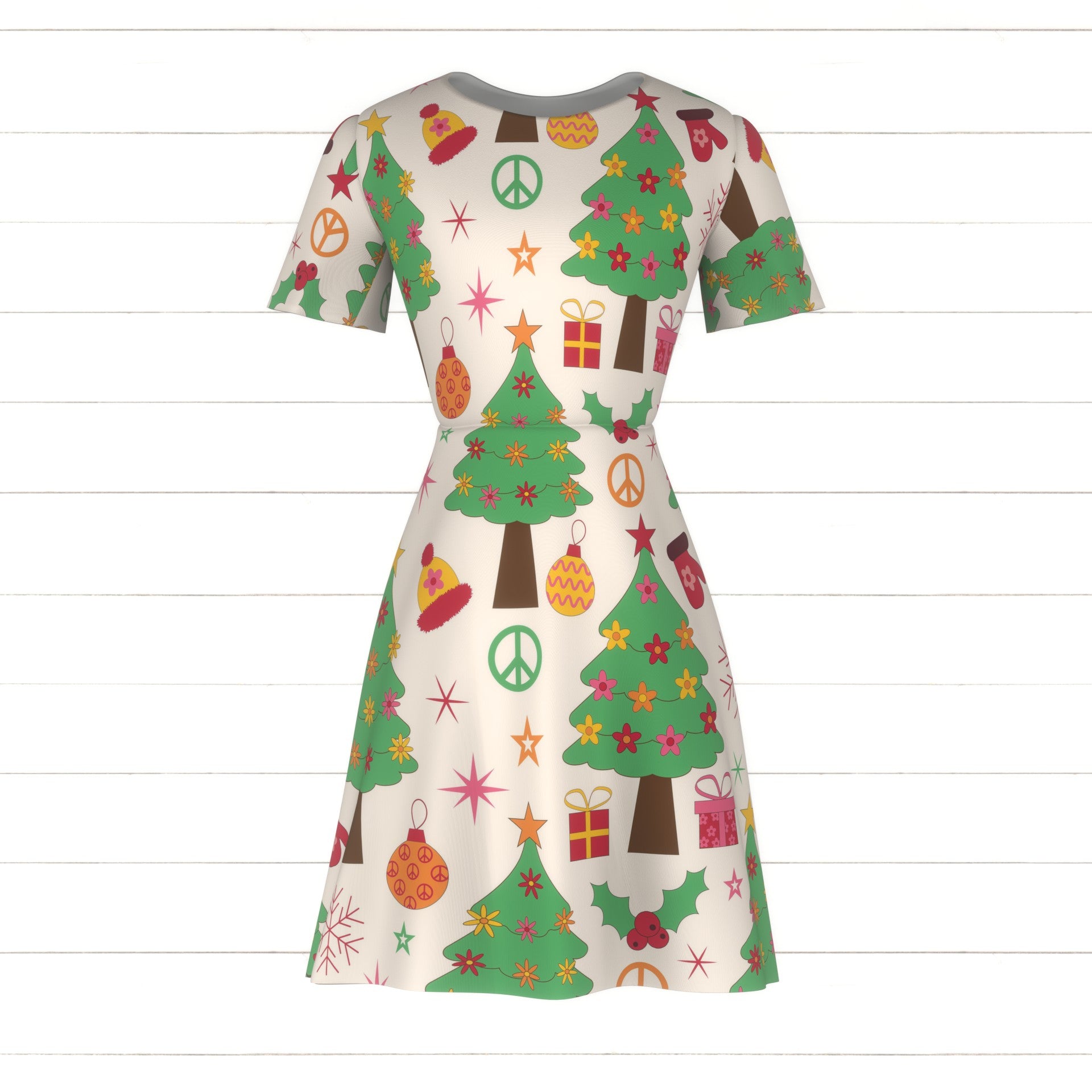Groovy Hippie Christmas Trees with Ornaments Fabric, Raspberry Creek Fabrics