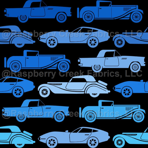 Blue Vintage Cars on Black - Raspberry Creek Fabrics