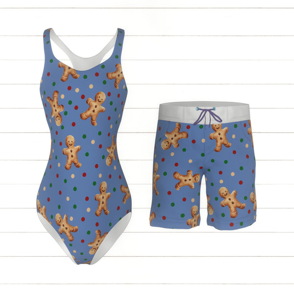 Blue Raspberry Gingerbread Men Tossed Gingerbread Man on Gray-Blue - Raspberry Creek Fabrics