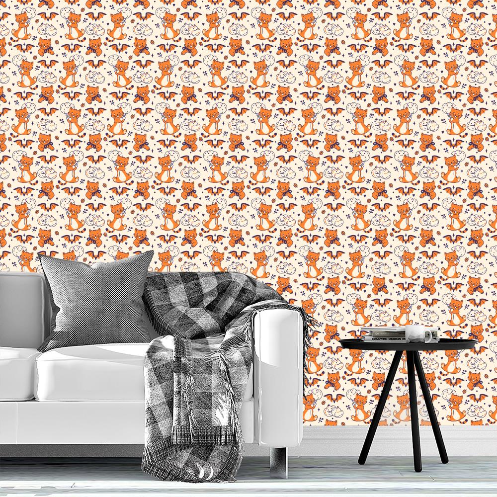 Fun Halloween print featuring naughty kittens and funny pumpkins. Playful wallpaper. Spooky charm and whimsy background