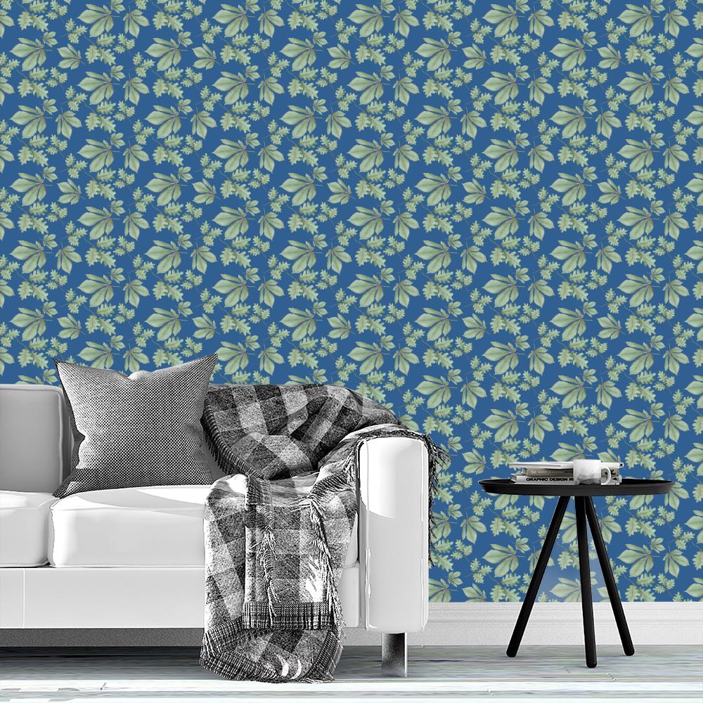 Oak and Chestnuts Leaves Wallpaper on Blue