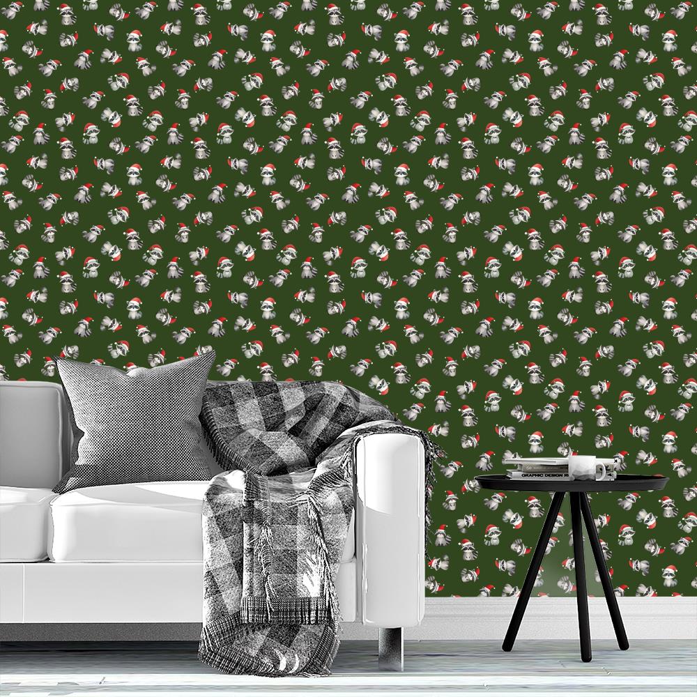 Tossed Christmas Raccoons on Dark Green