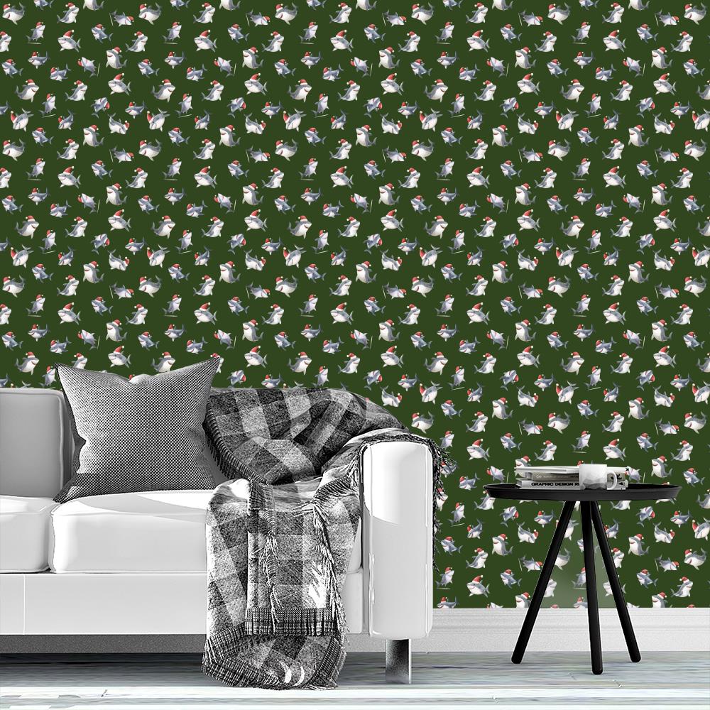 Tossed Christmas Sharks on Dark Green