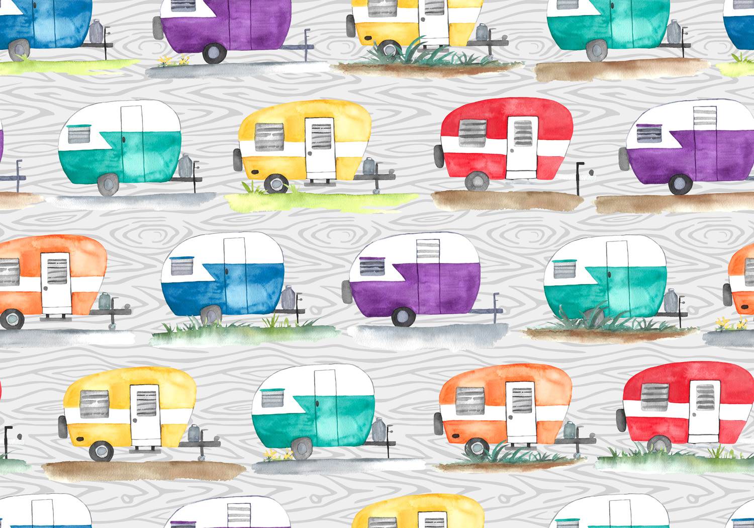 Red Royal Blue Yellow Orange Purple and Teal Camper on Woodgrain Print Fabric, Brushed Polyester