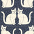 Linen white hand drawn symetrical cats on painted navy blue Image