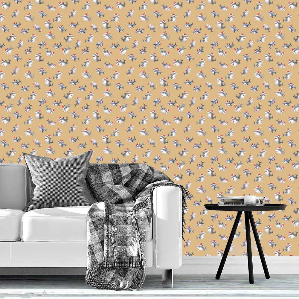 Tossed Christmas Sharks on Light Orange