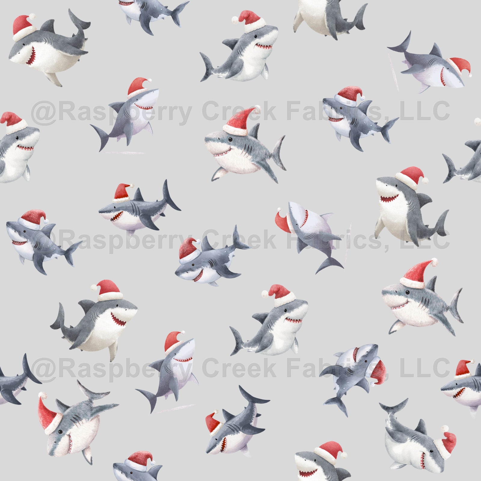 Tossed Christmas Sharks on Light Gray