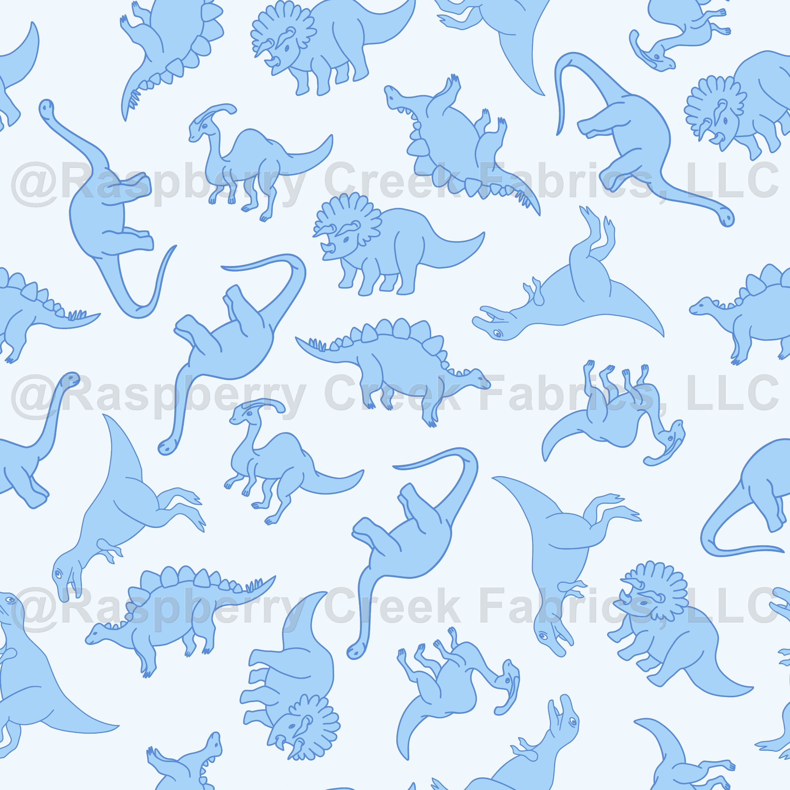 Cute Sky Blue Dinosaurs Scattered on Pale Pastel Blue, Dinosaurs by By Ramona watermarked