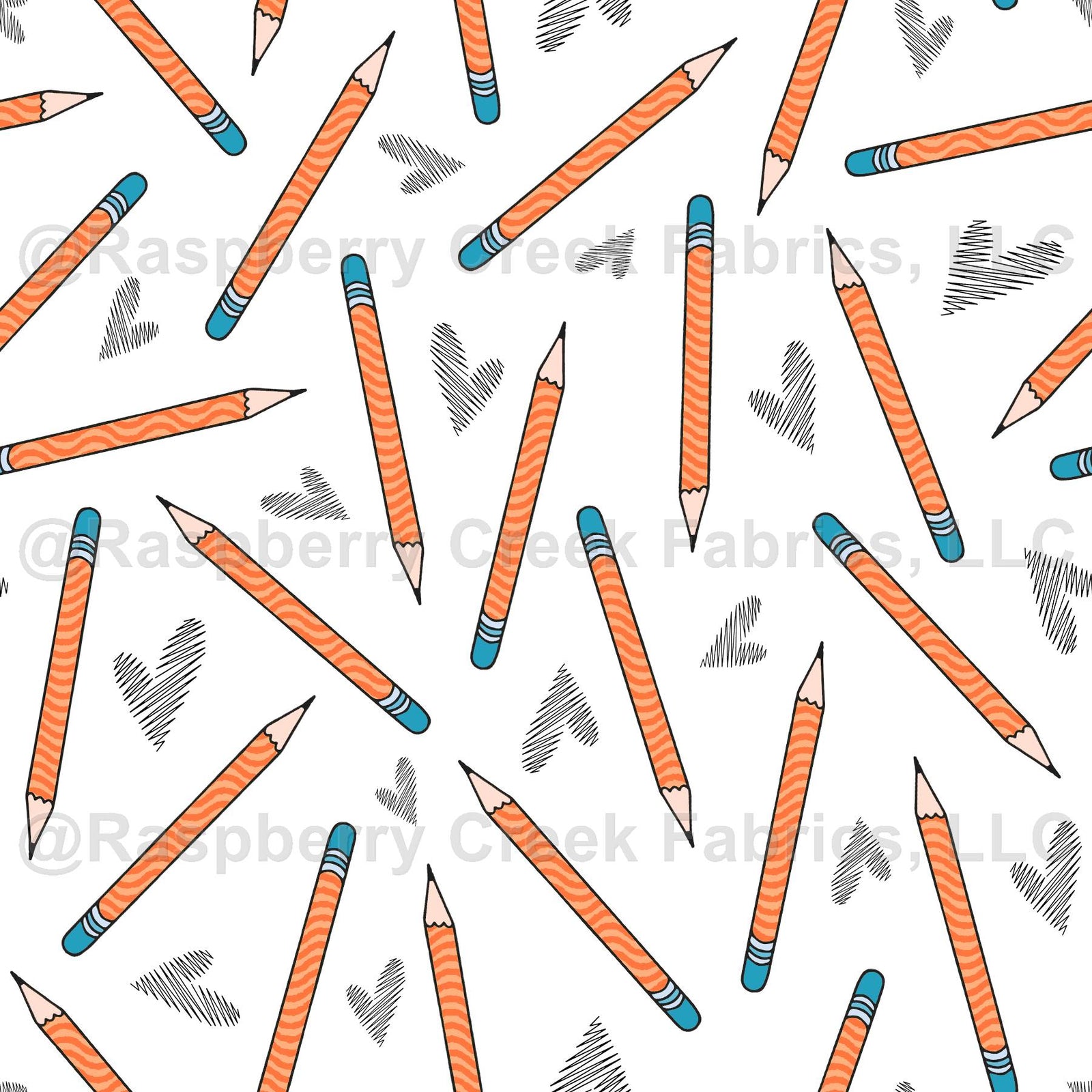 Tossed pencils, back to school allover print, coral orange peach pencils, heart doodles kids children