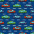 Colorful Toy Pixelated Video Game Cars With Road Lines Markings on Navy Blue Image