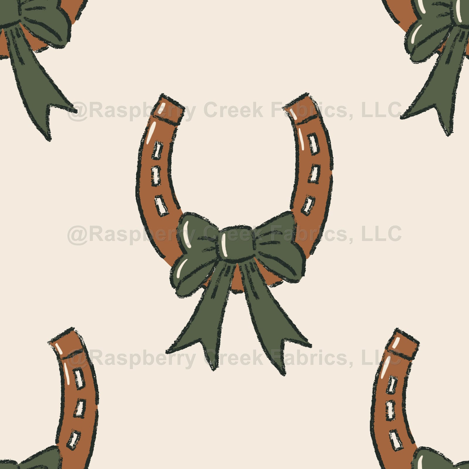 Horseshoes and Bows in Olive Green and Brown on Cream