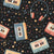 Retro Cassette Tape and Headphones Toss on Black, 80s Mix Tape Collection by JuneyB Design Image