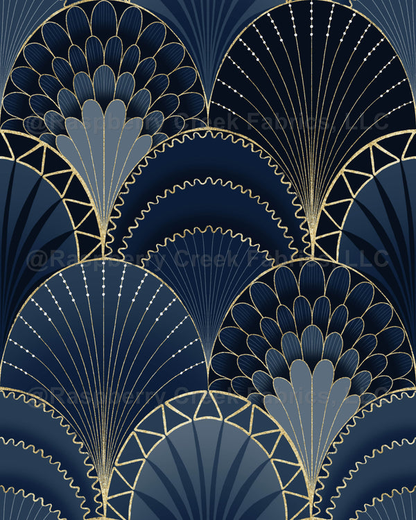 Blue and Gold Retro Art Deco Scallop Wallpaper Raspberry Creek Fabrics