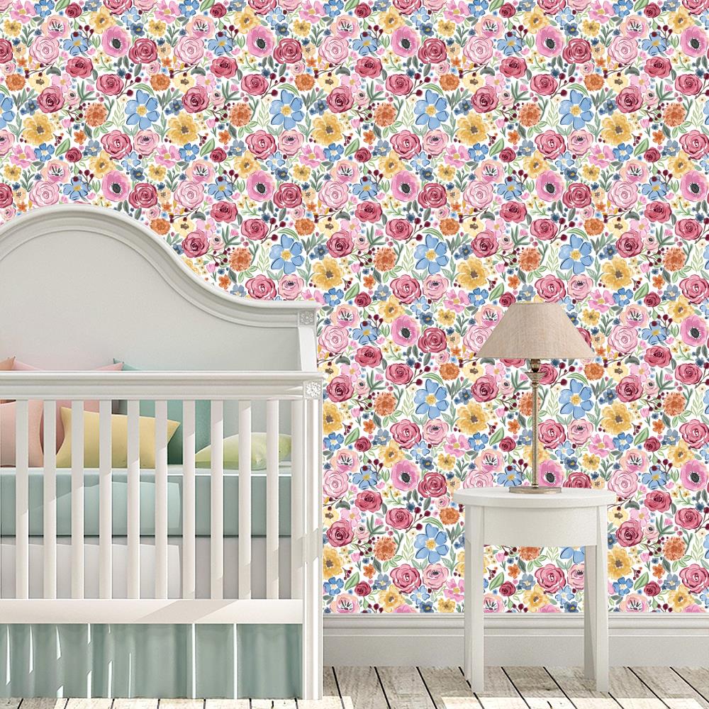 Cheerful, Floral, roses, flowers, wildflowers, colorful, spring, kids, girls room, white, pink, yellow, periwinkle, green, whimsical