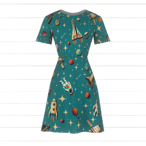 Retro Space Travel - Rockets and astronauts over a teal celestial univ ...