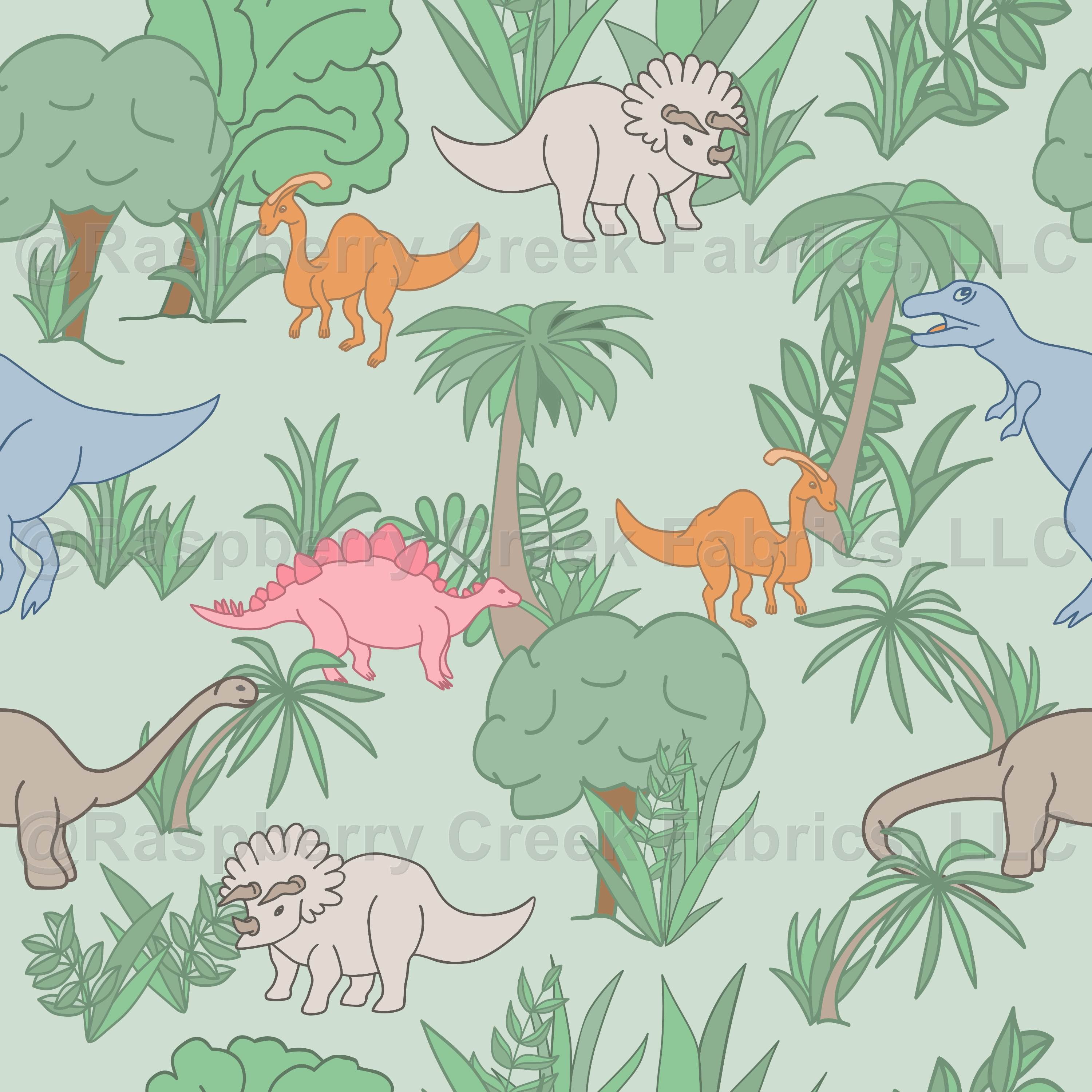 Colorful Dinosaurs in Orange, Blue, Gray, Pink, and Beige Playing in a Lush Green Jungle watermarked