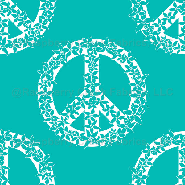 Peace Sign Raspberry Floral peace symbol in sea green. - Raspberry Creek Fabrics