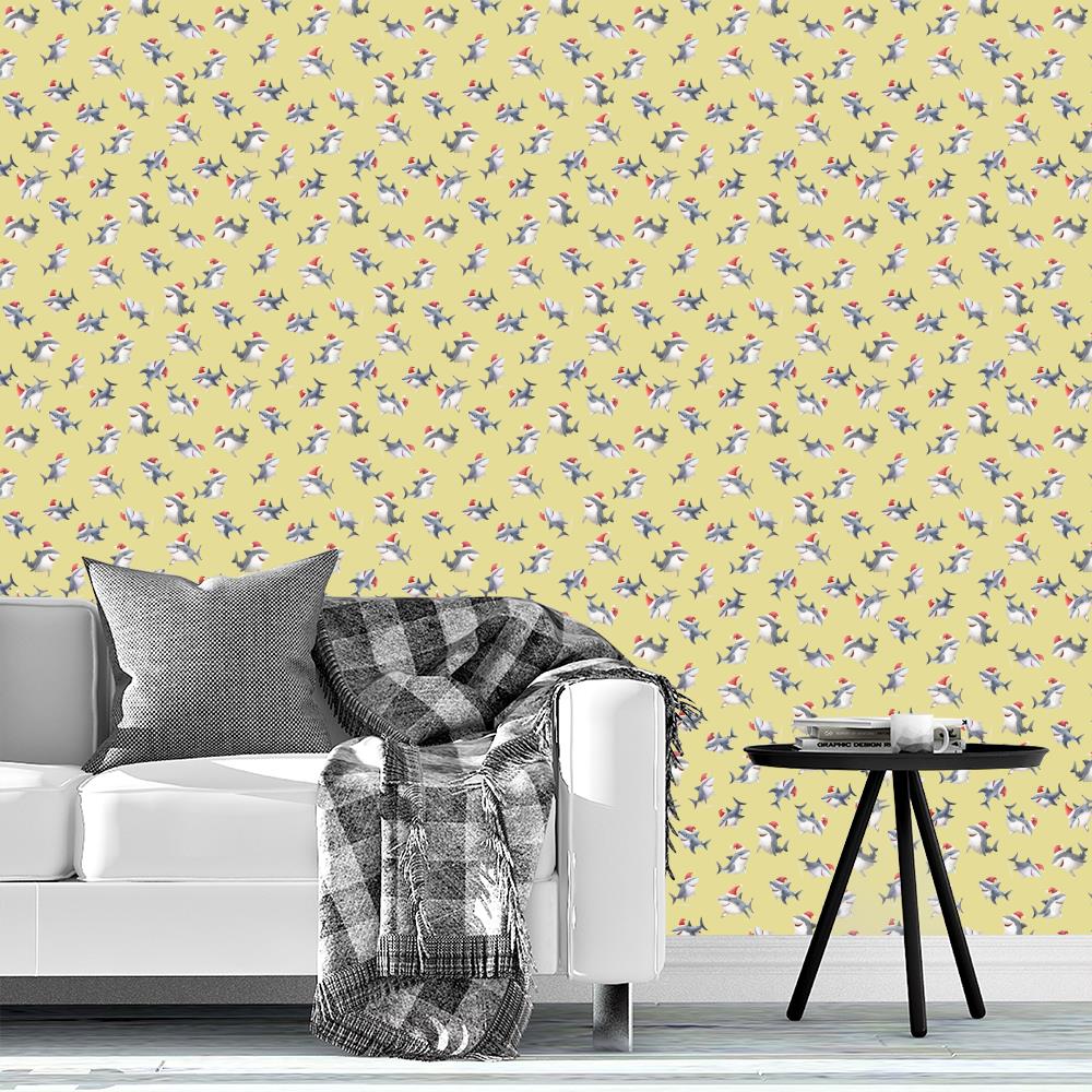 Tossed Christmas Sharks on Light Yellow
