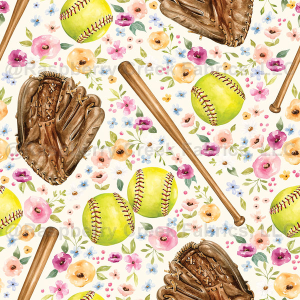 Softball Raspberry Melody Softball Game Floral on Cream - Raspberry Creek Fabrics