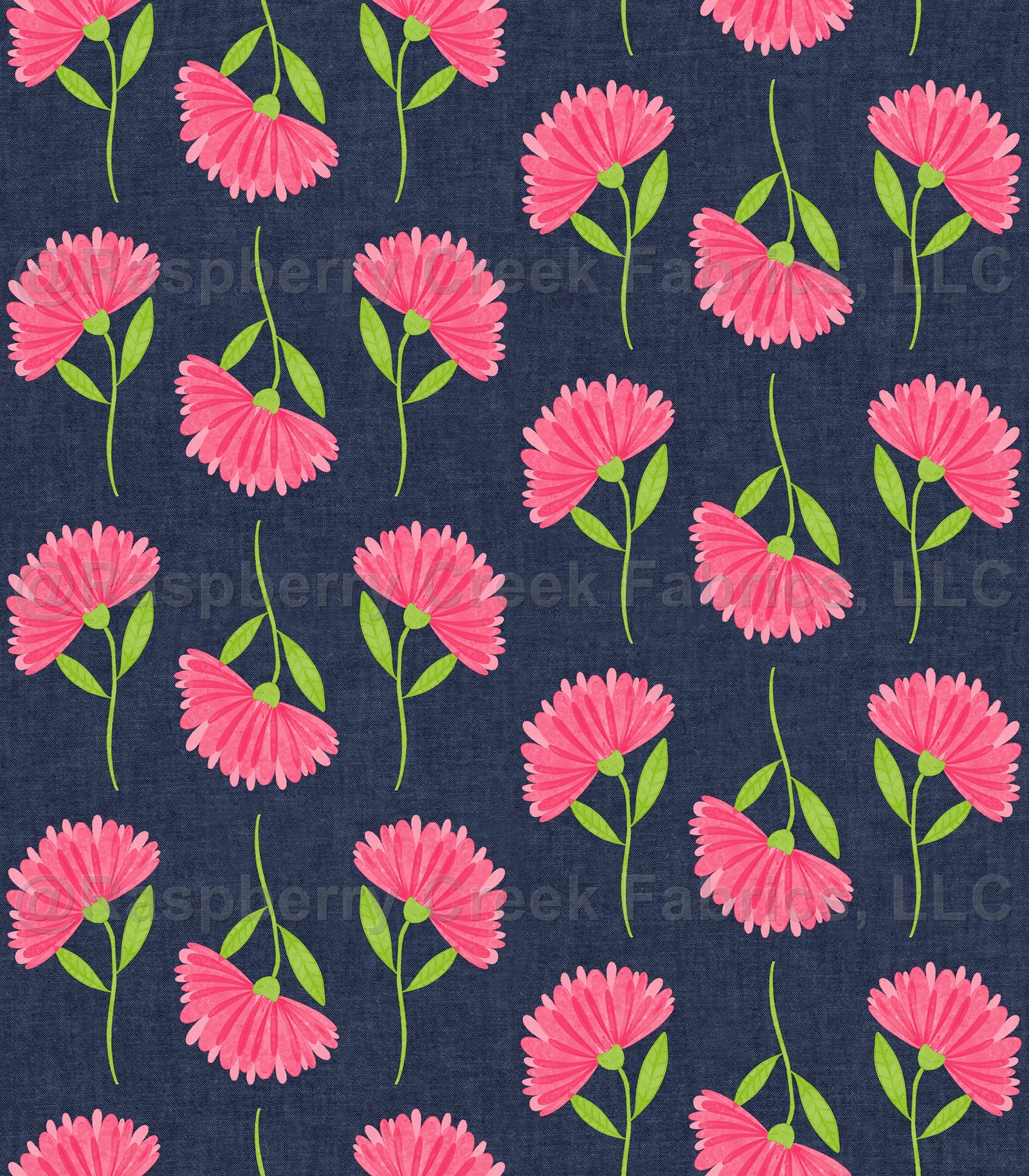 Pink Flowers Chambray Navy Fabric, Raspberry Creek Fabrics, watermarked