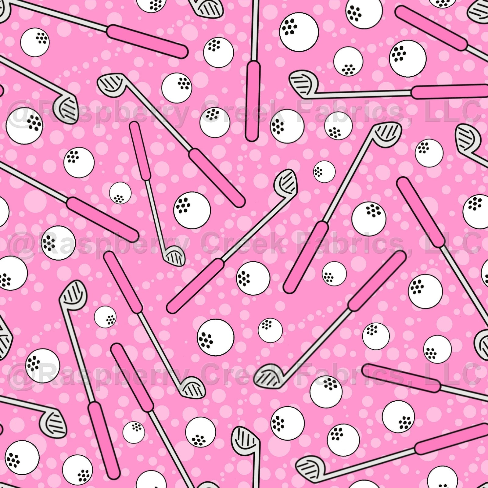 Golf Balls and Clubs on Pink Fabric, Raspberry Creek Fabrics, watermarked