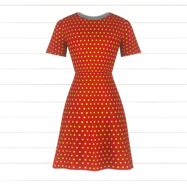 Bright polka dots (sunny yellow on red)