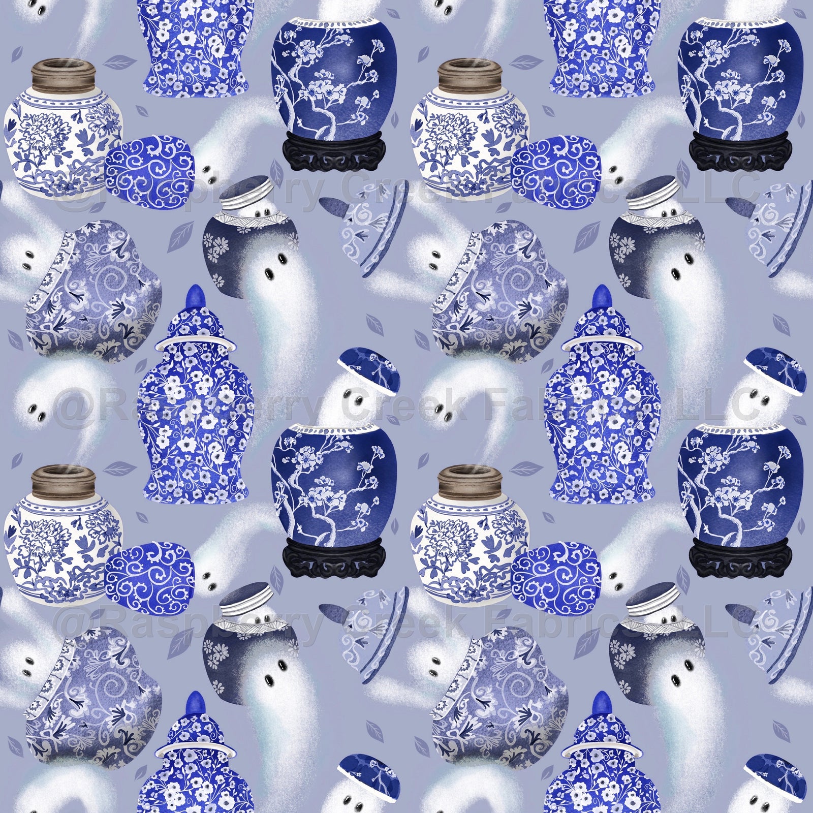 Ginger jars, ghosts, blue, chambray, fall, Halloween, spooky,kids, adults, watercolor