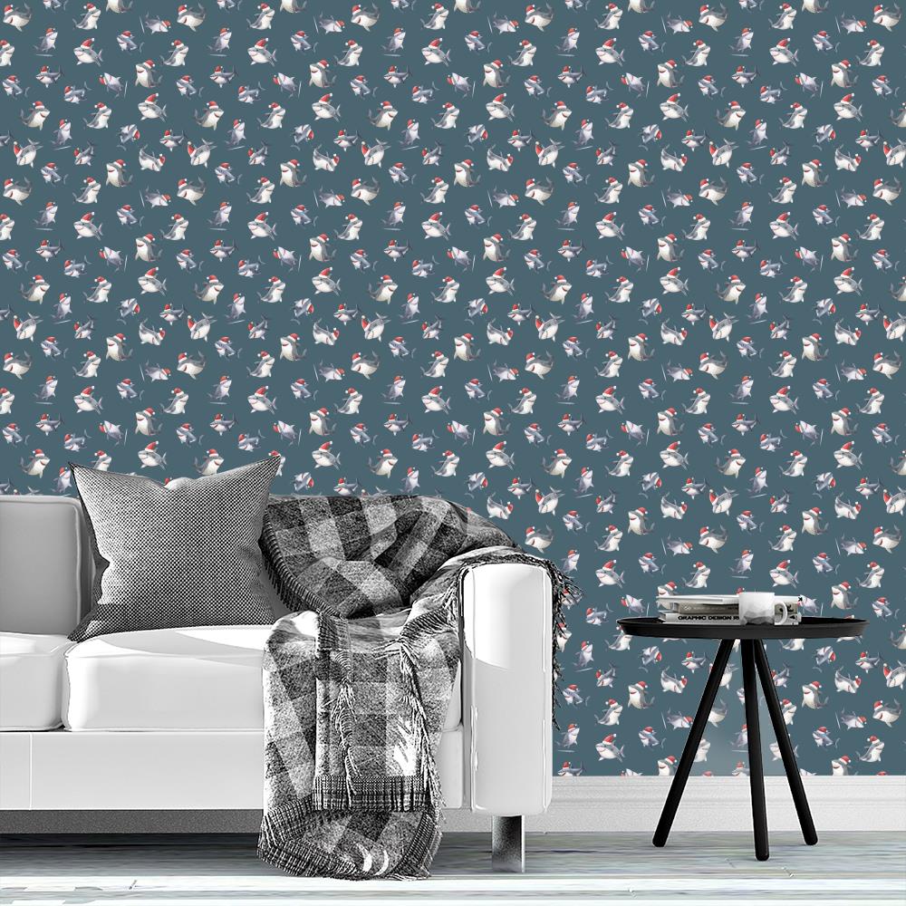 Tossed Christmas Sharks on Gray-Blue