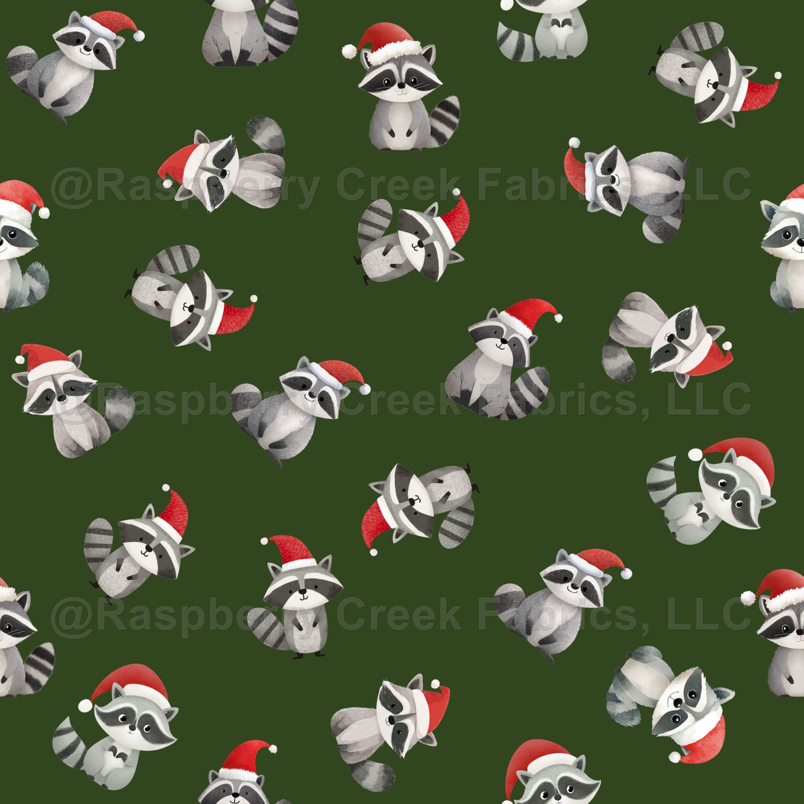 Tossed Christmas Raccoons on Dark Green