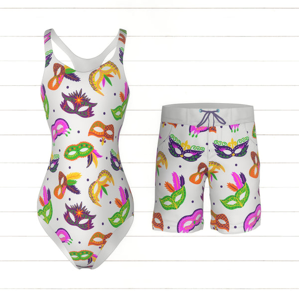 Mardi Gras Parade Masquerade Masks on White - Raspberry Creek Fabrics