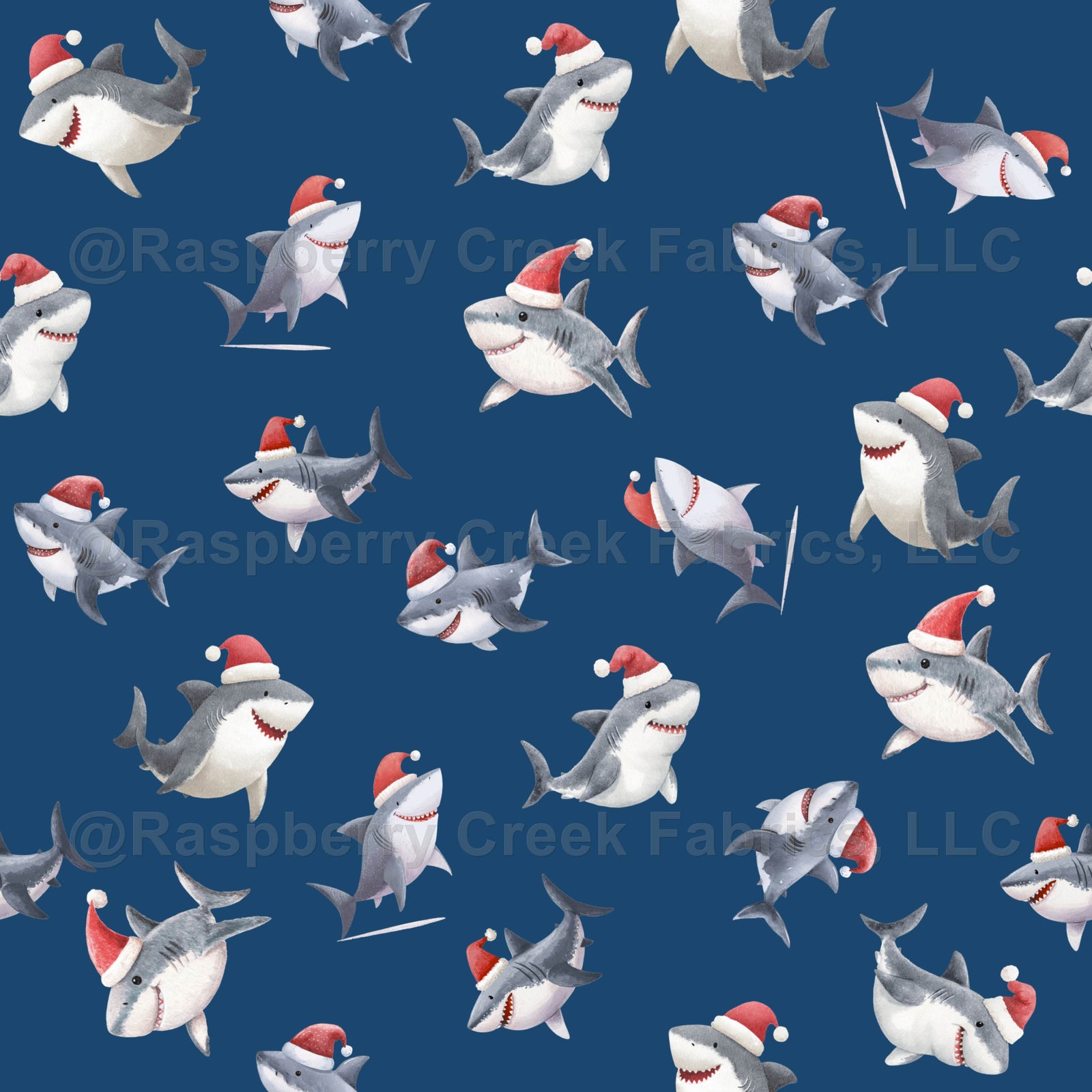 Tossed Christmas Sharks on Dark Blue