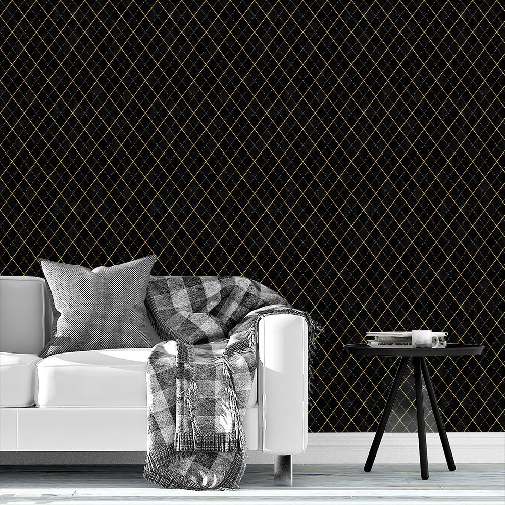 Black argyle geometric watercolor velvet pattern Wallpaper, Raspberry Creek Fabrics