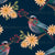 Painterly teal, blue, pink, and orange bird pattern with orange flowers on a dark blue background. Image