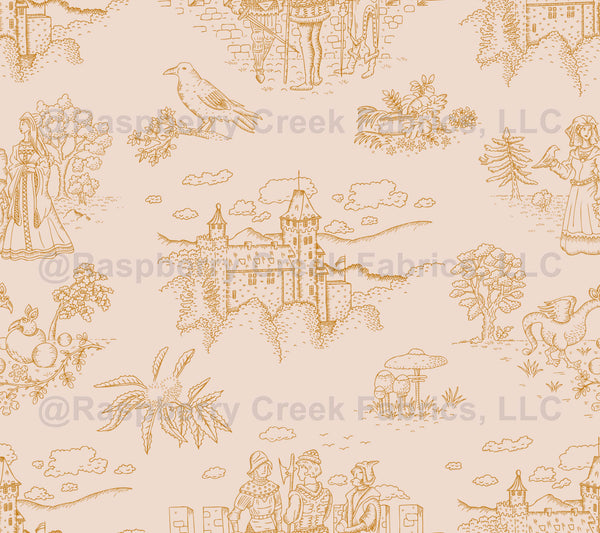 Toile de Jouy with medieval castle and knights on blush - Raspberry ...