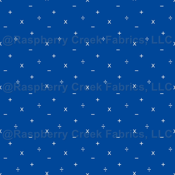 Basic Math Symbols, White on Blue - Raspberry Creek Fabrics