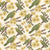 Yellow and green birds sitting on a branch full of flowers and lots of yellow flowers on a beige color background. Image