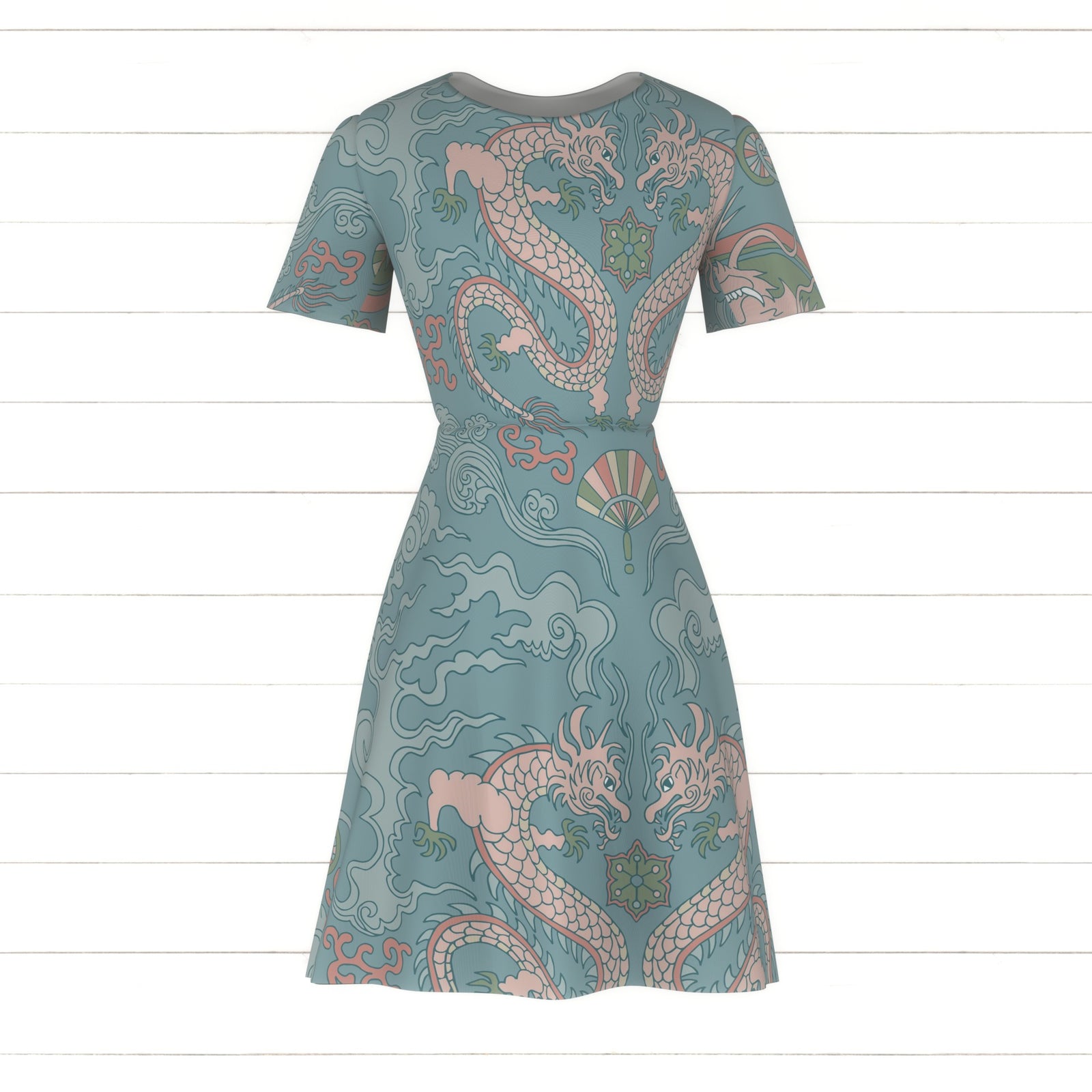 chinese dragon double damask in matte colors on dusty blue