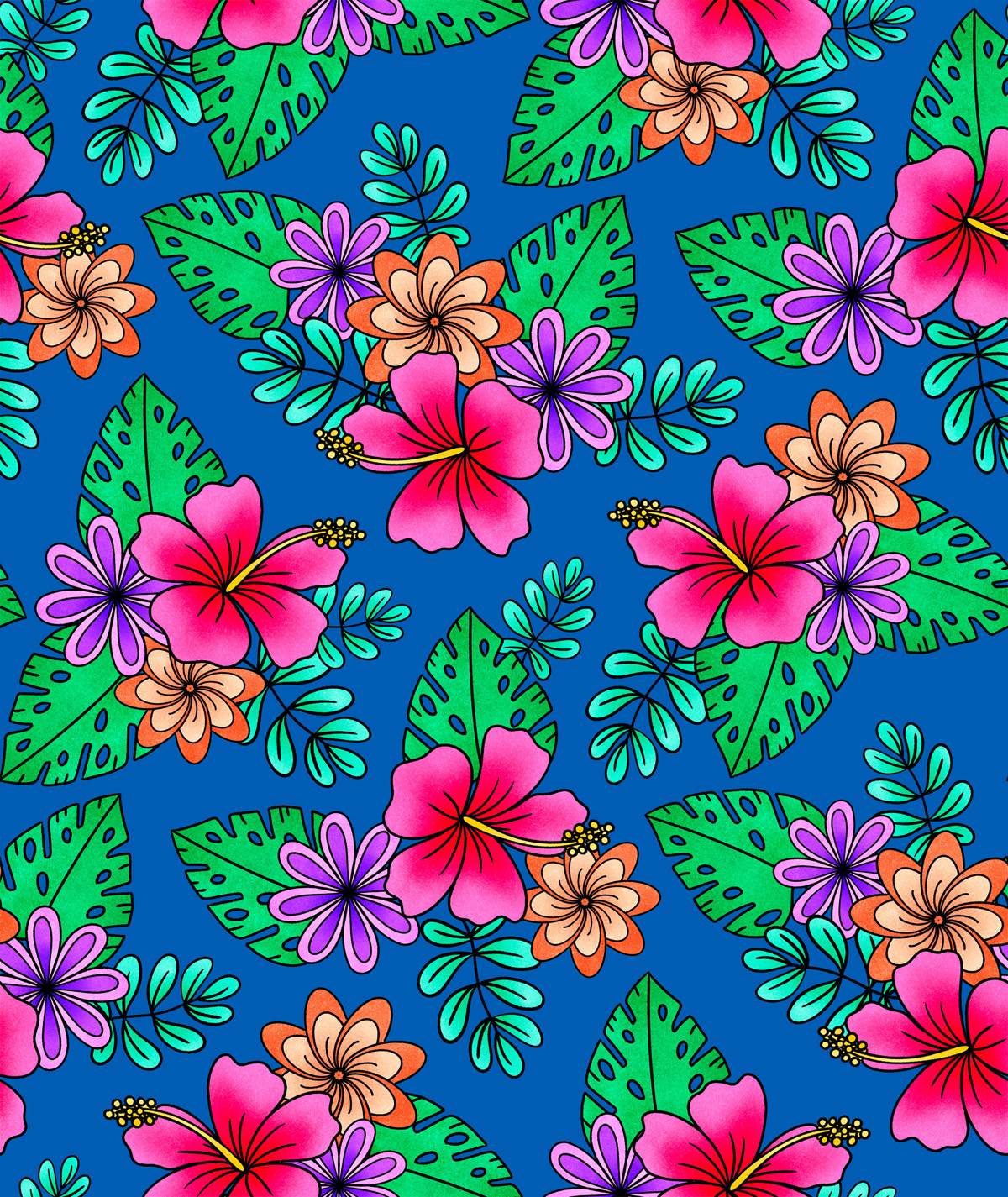 Light Royal Blue Fuchsia Purple and Kelly Green Tropical Floral Print Fabric, Far Out By Krystal Winn Design